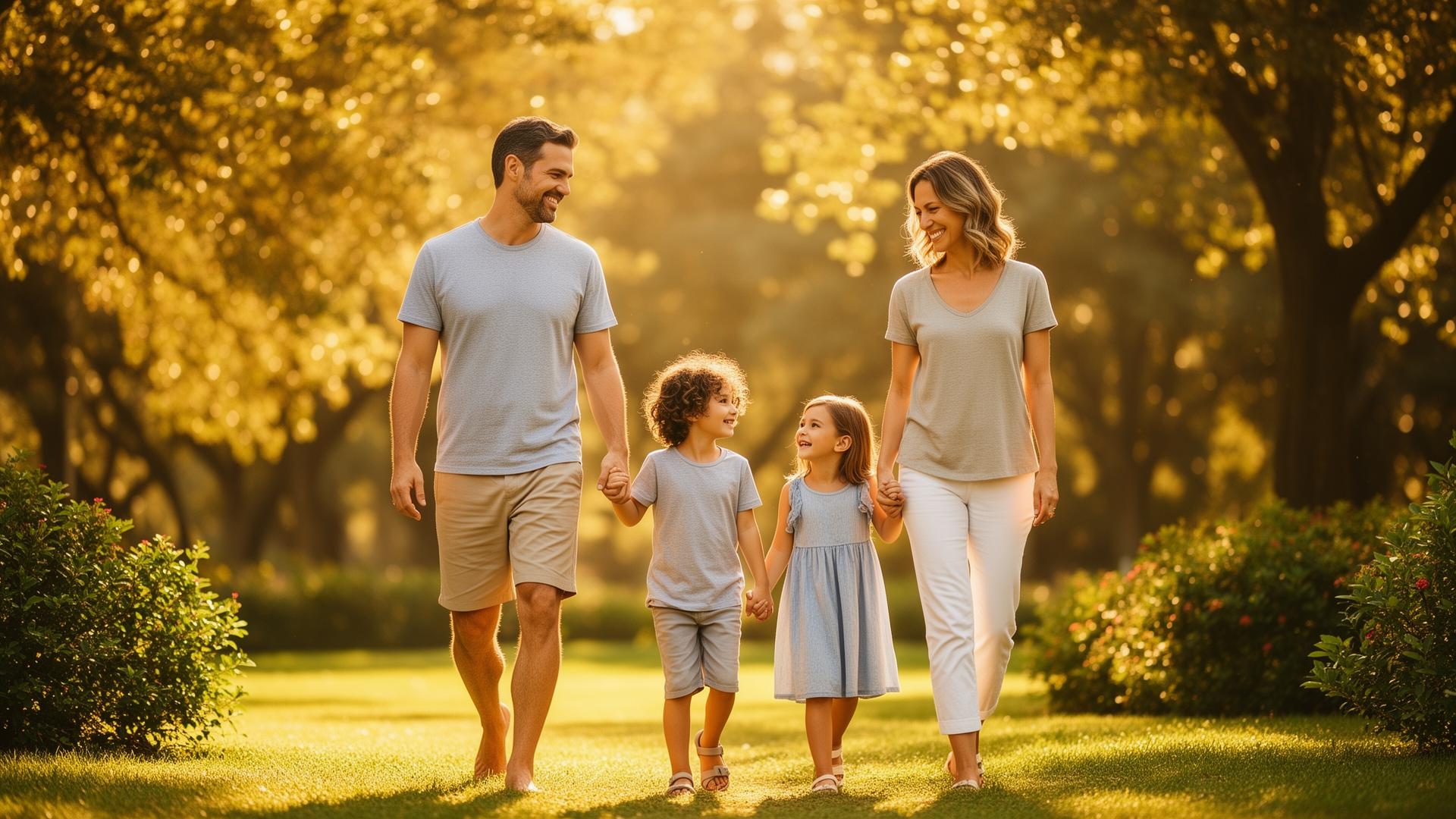 Happy family outdoors practicing good hygiene