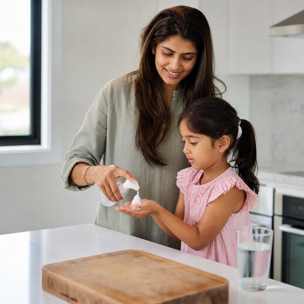Family using Prefense foaming hand sanitizer in a bright kitchen
